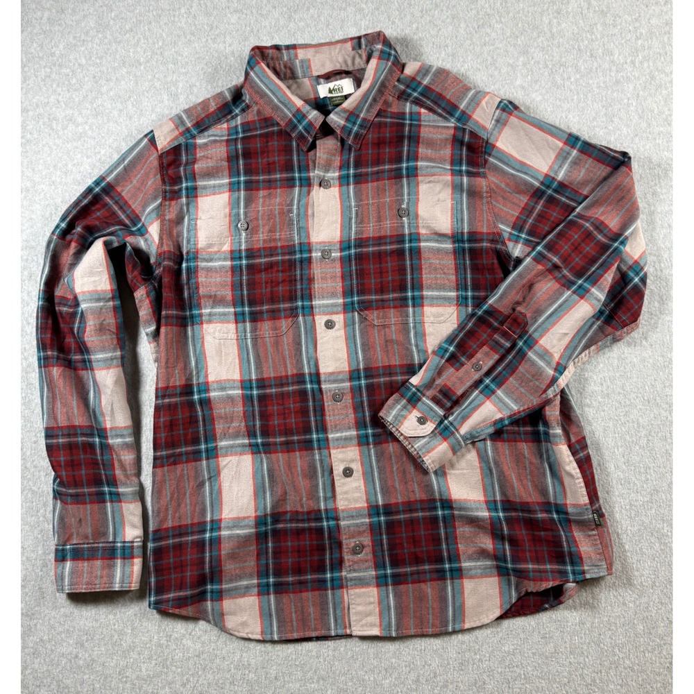 REI Co-op Mens Plaid Button Up Shirt Large Red Teal Wool Blend Flannel 119104